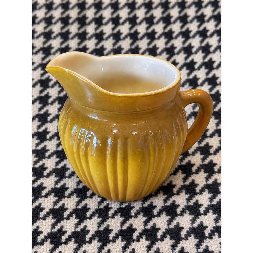 VTG 1940s Hazel Atlas Platonite Creamer Mustard Yellow Gray Ribbed Milk Glass